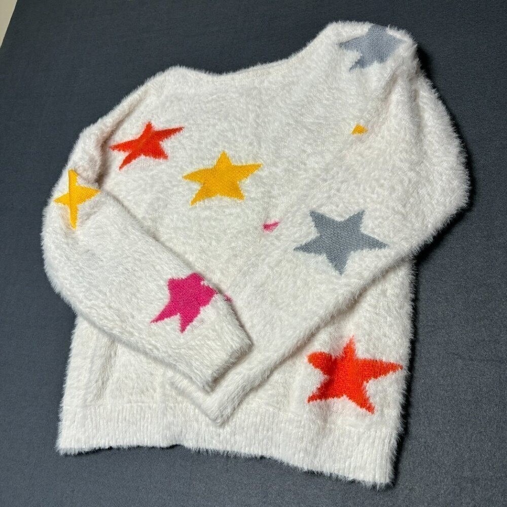 C+D+M Fuzzy Star Sweater Large Eyelash Knit‎ Colorful Y2K Cozy Crewneck
